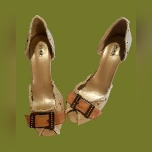 CUTE PAIR SPLASH TAN HIGH HEEL SHOES W/BROWN SUEDE & RHINESTONE BUCKLES SZ. 8.5